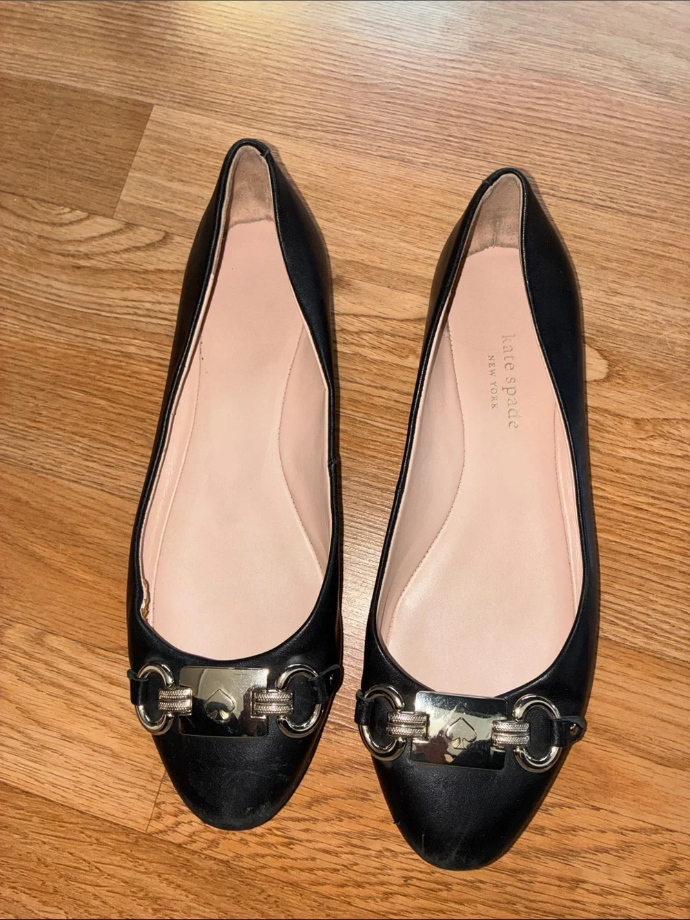 kate spade Black Leather Flats with Gold-Tone Horsebit